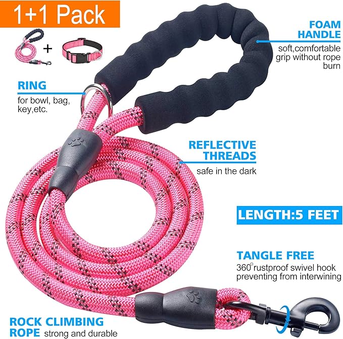 Reflective Dog Collar Padded with Soft Neoprene Breathable Adjustable Nylon Dog Collars for Small Medium Large Dogs (Medium (Pack of 1), Pink Collar+Leash)