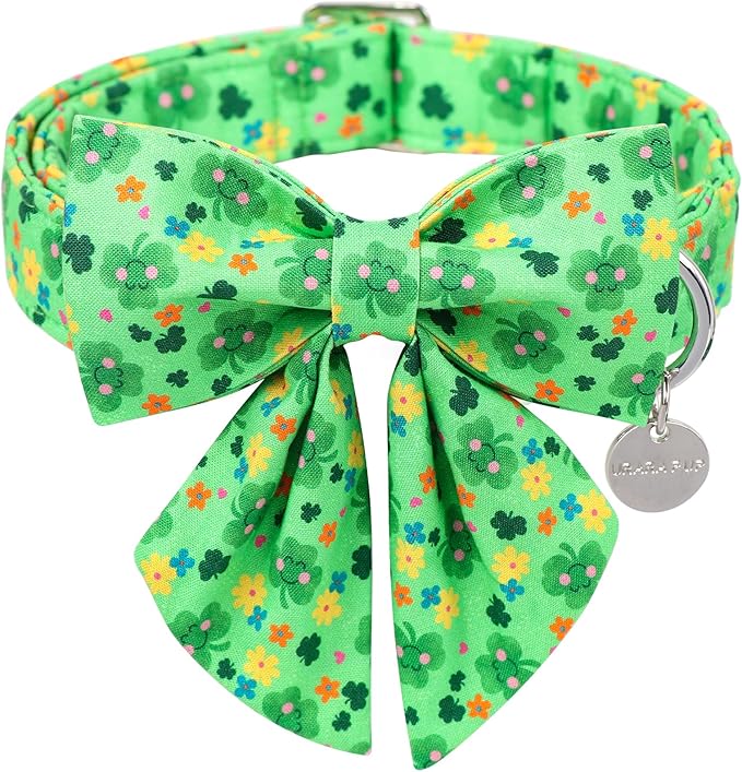 St. Patrick's Dog Collar with Bow Tie, Cotton St. Patrick's Bowtie Collar for Girl Boy Dog, Lucky Shamrock Dog Collar with Metal Buckle, Green, Spring, XS