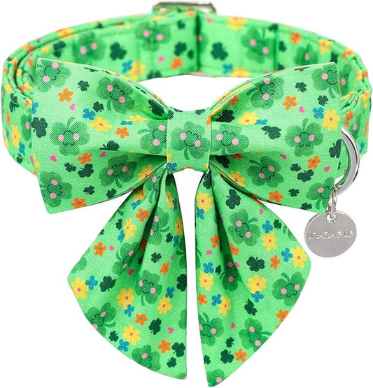 St. Patrick's Dog Collar with Bow Tie, Cotton St. Patrick's Bowtie Collar for Girl Boy Dog, Lucky Shamrock Dog Collar with Metal Buckle, Green, Spring, XS