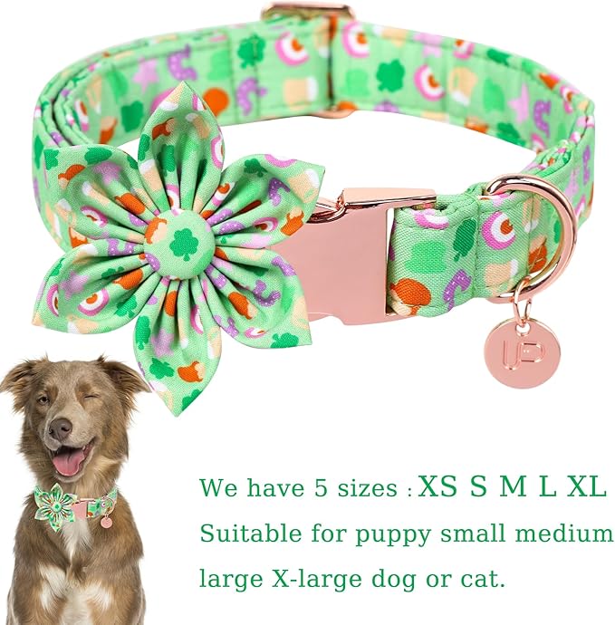 St. Patrick's Dog Collar with Flower, Cotton St. Patrick's Flower Collar for Girl Boy Dog, Lucky Shamrock Dog Collar with Metal Buckle, Green, Spring, XS