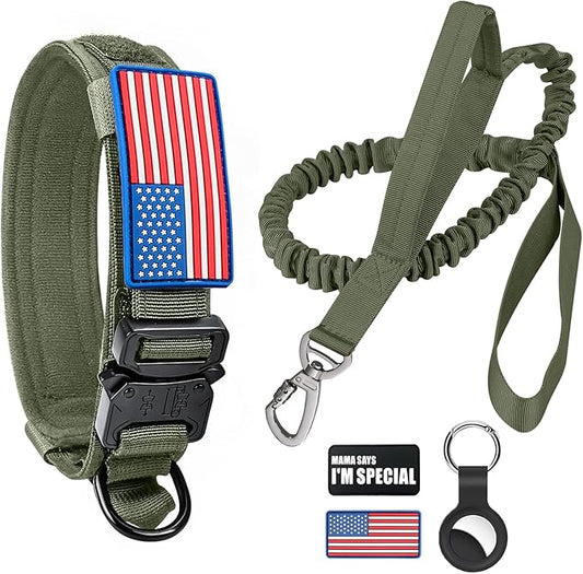 Tactical Dog Collar and Bungee Leash, Camo Military Dog Collar & Leash Set with USA American Flag Adjustable K9 Collar with Heavy Duty Metal Buckle & Handle,with Patches and Airtags Case (M, Green)