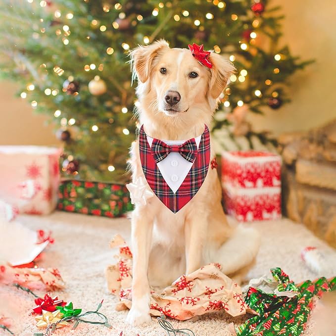 Adjustable Red Plaid Christmas Dog Tuxedo Bandana with Bow Tie - Holiday Pet Outfit Costume for Dogs XS to XL