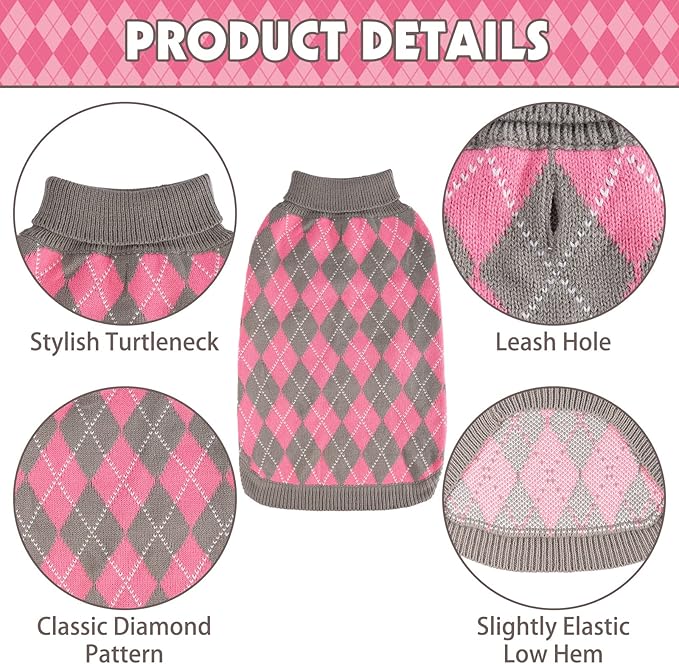 PAWCHIE Classic Dog Sweater Knit Turtleneck, Plaid Knitwear Sweaters, Warm Clothes for Small Dogs