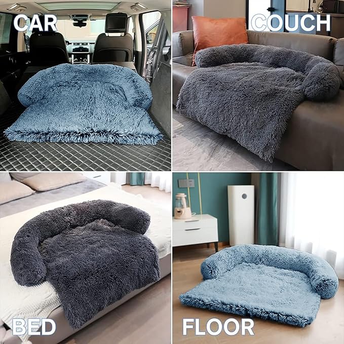 Calming Dog Bed Fluffy Plush Dog Mat for Furniture Protector with Removable Washable Cover for Large Medium Small Dogs and Cats (Large, Navy)