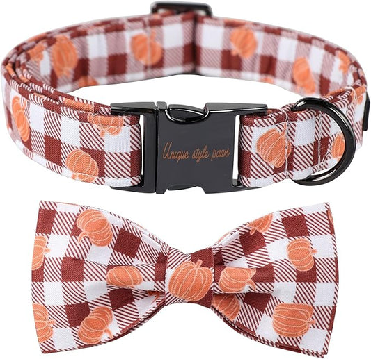 Unique Style Paws Cotton Dog Collar with Bow Halloween Pumpkin Plaid Dog Collar with Bow Tie for Small Medium Large Dogs Pets Gifts