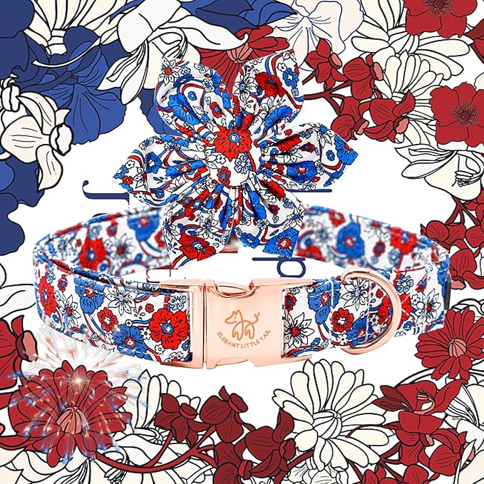 Elegant little tail Independence Dog Collar, Blue with Red Flower Dog Collars Holiday Dog Collar with Flower Pet Gift Adjustable Puppy Collar for X-Small Puppy