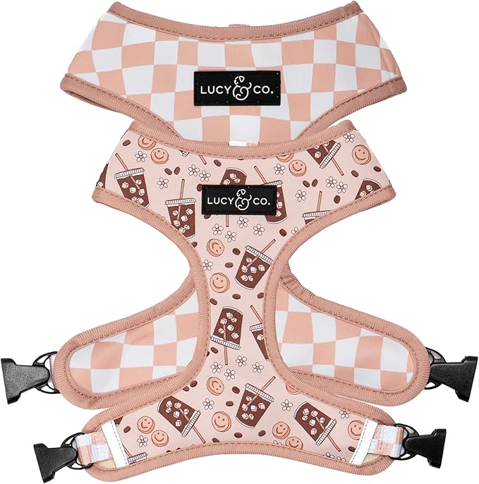 Lucy & Co. Cute Reversible Dog Harness Walking Halter - Best Designer Pet Harnesses for XS - XL Dogs - Padded Adjustable Vest for Easy Walking. (Iced Coffee SZN Reversible Harness).