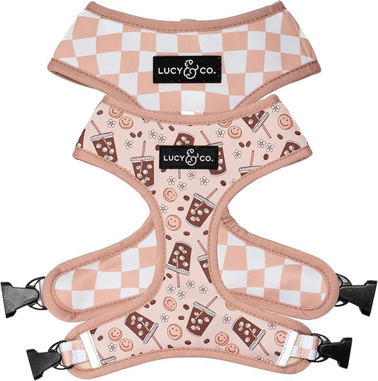 Lucy & Co. Cute Reversible Dog Harness Walking Halter - Best Designer Pet Harnesses for XS - XL Dogs - Padded Adjustable Vest for Easy Walking. (Iced Coffee SZN Reversible Harness).