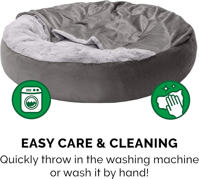Furhaven 24" Round Calming Donut Dog Bed for Indoor Cats & Small Dogs, Washable, For Dogs Up to 20 lbs - Plush Velvet Waves Hooded Donut Bed - Dark Gray, Small