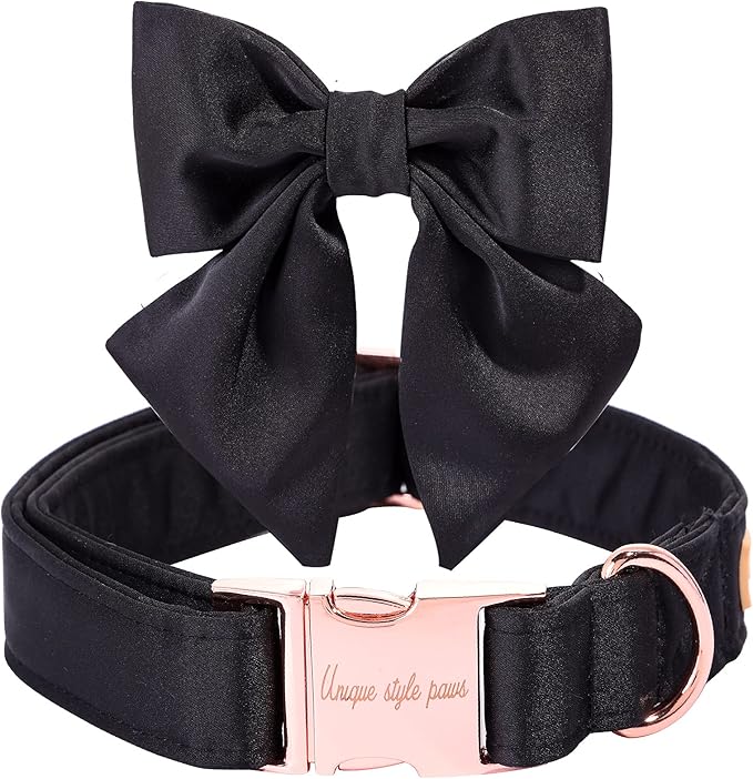 Unique Style Paws Silk Black Color Dog Collar with Bow Wedding Bow Tie for Large Dogs
