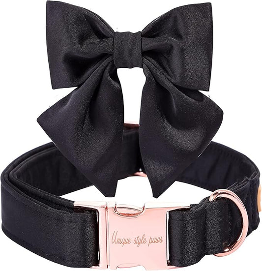 Unique Style Paws Silk Black Color Dog Collar with Bow Wedding Bow Tie for Large Dogs
