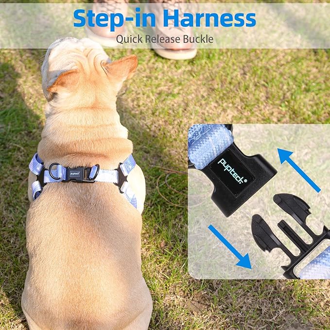 PUPTECK No Pull Dog Harness Soft Adjustable Basic Nylon Step in Puppy Vest Outdoor Walking with Leash Printed Babyblue