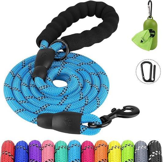 Joytale Reflective Dog Leash, Heavy Duty Nylon Rope with Poop Bag Holder, Highly Reflective Threads Leashes for Medium Large Dogs, SkyBlue, 6'×1/2''