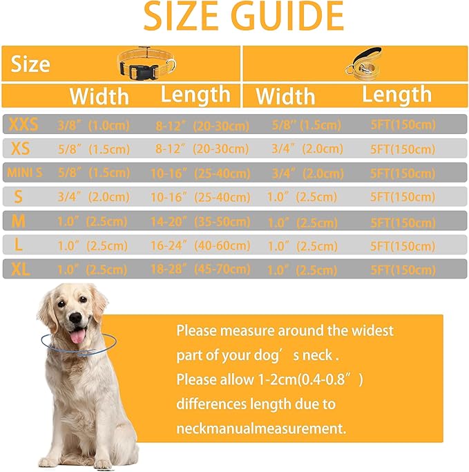 Reflective Dog Collar with Safety Locking Buckle, Adjustable Soft Breathable Nylon Collars for Small, Medium and Large Dogs(Collar+Leash XL Yellow)