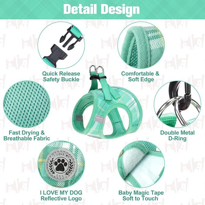 BEAUTYZOO Small Dog Harness and Leash Set,Step in No Choke No Pull Soft Mesh Dog Harnesses Reflective for Extra-Small Medium Puppy Dogs and Cats, Plaid Dog Vest Harness for XS S Pets, Teal XS