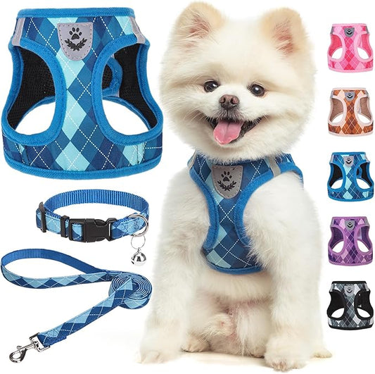 SCENEREAL Dog Harness Collar and Leash Set, Step-in No Pull Pet Vest Harnesses for Small Medium Dogs Puppy Cats, Soft Mesh No-Chock Reflective Vest Harness for Outdoor Walking Running, Blue Plaid XS