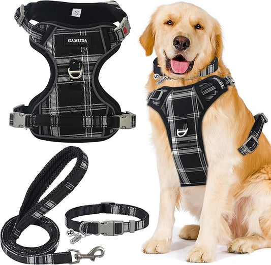 GAMUDA Dog Harness Collar and Leash Set, Horse Care Sheets, No Chock No Pull Adjustable Vest Harnesses Plaid Reflective for Medium Dog, Cat, Small Horse, Small Bull and Pig (Black, L)