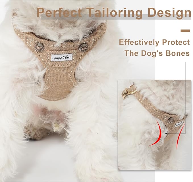 Puppytie No Pull Small Dog Harness with Multifunction Dog Leash, Lightweight Soft Adjustable No Choke Escape Proof Pet Harness Vest, Denim Mocha Brown