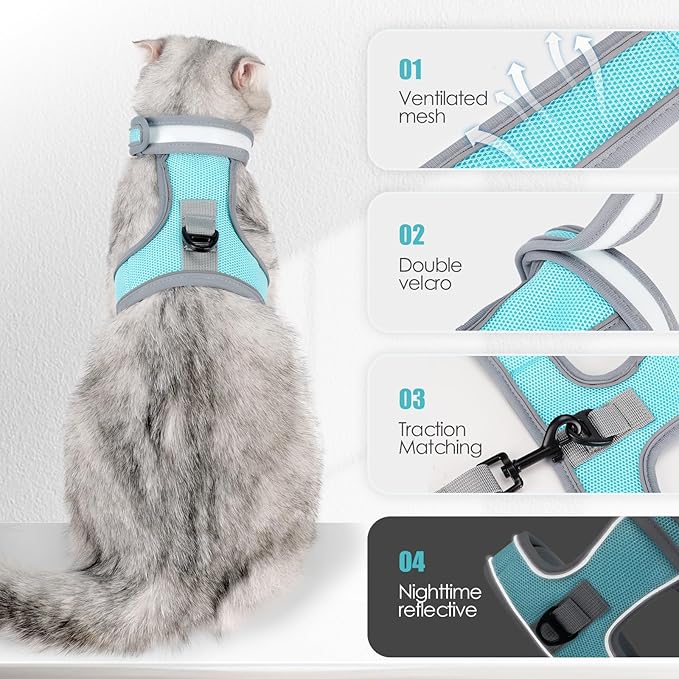 Cat Harness and Leash Set, Escape Proof Adjustable Kittens Vest with Reflective Strip, Easy to Wear for Cats Walking and Traveling, Soft Mesh Kitten Harness for Small Medium Large Cats