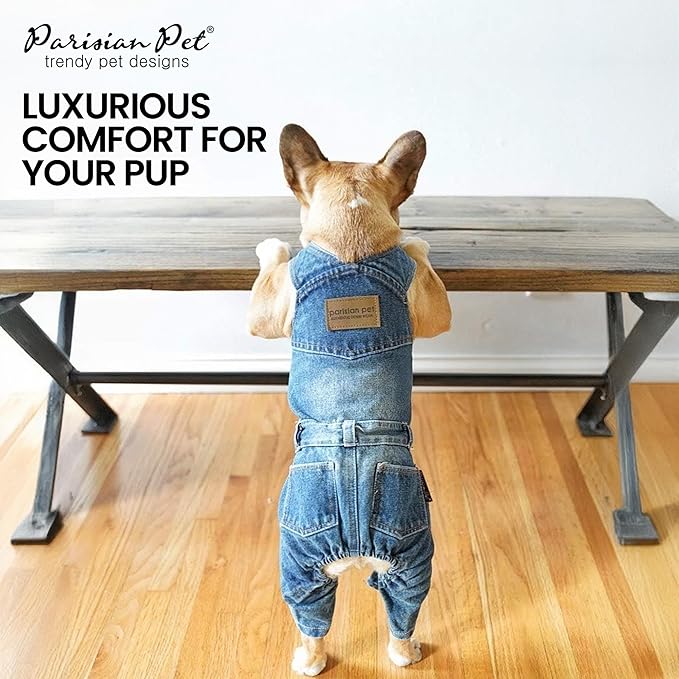 Parisian Pet Denim Overall - Blue Dog Jeans Outfit - Breathable Puppy Jumpsuit Costumes - Machine Washable Overall for Dogs - Dog Clothes for Small Dogs - S