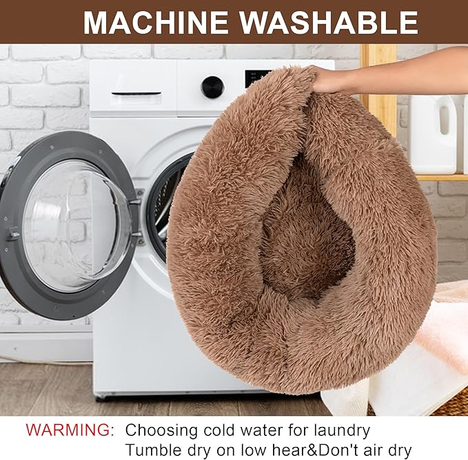Dog Calming Beds for Small Medium Large Dogs - Round Donut Washable Puppy Dog Bed, Anti-Slip Faux Fur Fluffy Donut Cuddle Anxiety Cat Pet Bed(32'' Khaki