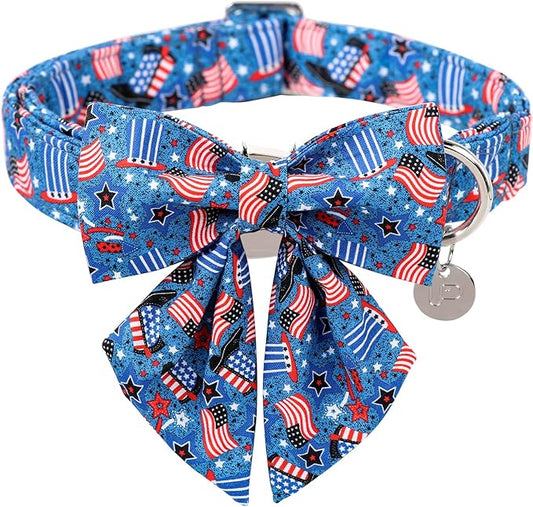 Patriotic Dog Collar with Bow Tie, 4th of July Bowtie Dog Collar, American Flag Collar for Medium Boy Girl Dog, Comfortable Summer Bowtie Collar with Metal Buckle, M