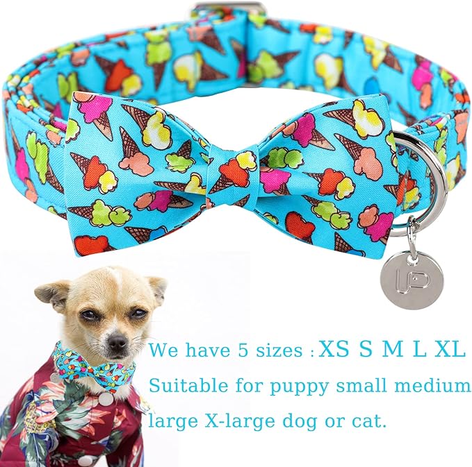 Summer Dog Collar with Bow Tie, Cotton Cute Bowtie Dog Collar, Summer Bowtie Collar for Medium Boy Girl Dog, Comfortable Blue Dog Collar with Metal Buckle, M