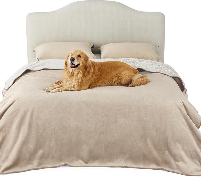 Bedsure Waterproof Blanket for Bed - Sherpa Fleece Waterproof Dog Blankets for Large Dogs, Pet Blankets for Bed/Couch/Dog Crate, Soft Plush Reversible Furniture Protector, Queen Size, 90"x86", Cream