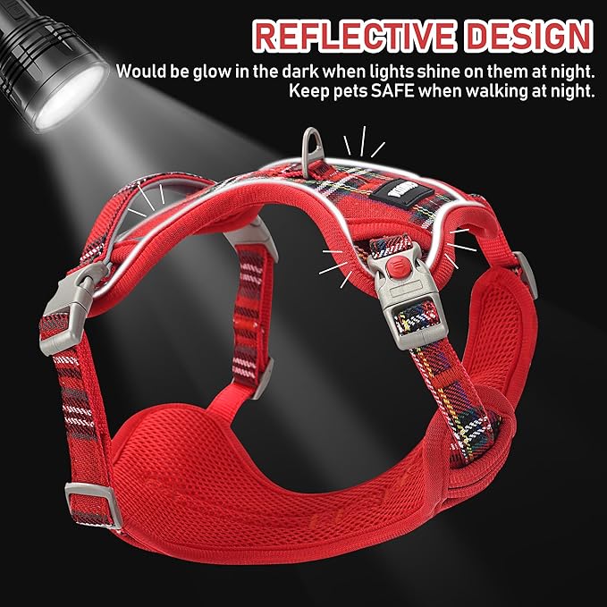 GAMUDA Dog Harness Collar and Leash Set, Dog Harness, No Chock No Pull Adjustable Vest Harnesses Plaid Reflective for Medium Dog, Cat, Small Horse, Small Bull and Pig (Red, M)
