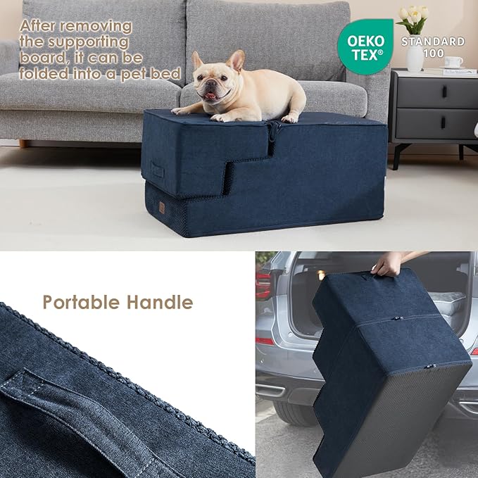 EHEYCIGA Dog Stairs for High Bed 22.5”H, 5-Step Dog Steps for Bed, Pet Steps for Small Dogs and Cats, Non-Slip Balanced Pet Ramp Indoor, Navy Blue