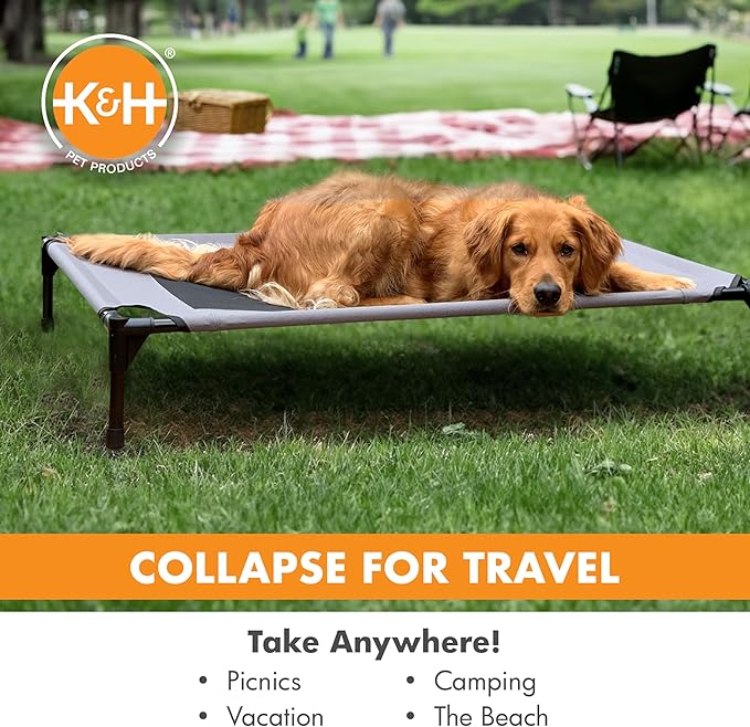 K&H Pet Products Outdoor Elevated Dog Cot, Breathable Cooling Elevated Cot Hammock Pet Bed for Large Dogs, Washable Mesh Cover, Raised Metal Frame, Collapsible, Portable - Large 42 X 30in Gray