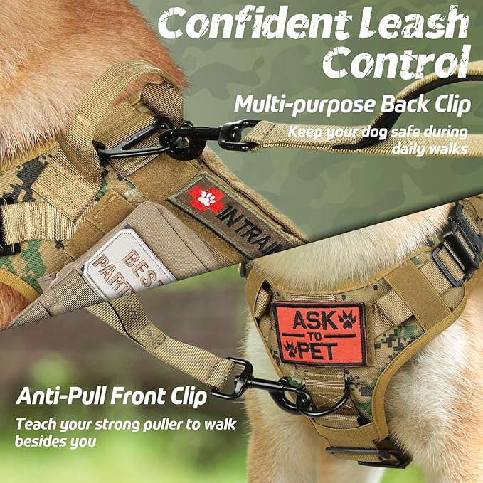 rabbitgoo Tactical Dog Harness Medium Sized, Heavy Duty Pet Harness with Handle, No-Pull Service Vest Medium Breed, Adjustable Military Dog Vest for Training Hunting Walking, Brown Camo, M