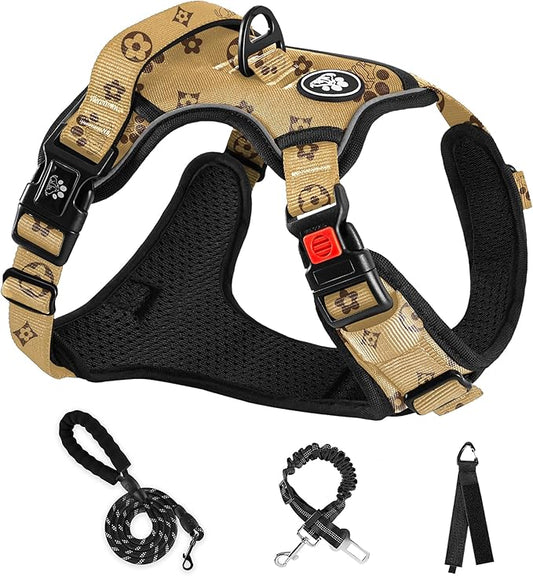 NESTROAD No Pull Dog Harness,Adjustable Oxford Dog Vest Harness with Leash,Reflective No-Choke Pet Harness with Easy Control Soft Handle for Small Dogs(Small,Light Brown)
