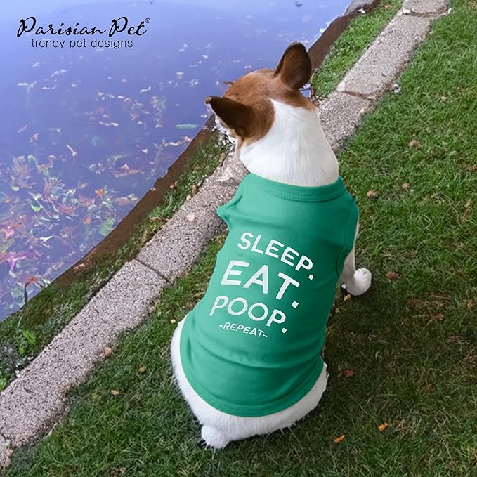 Parisian Pet Dog Tshirt - Embroidered “Sleep, Eat, Poop, Repeat“ Dogs Clothes - Lightweight Dog Tank Top - Cotton, Sleeveless Doggy Tee Shirts - Machine Washable Shirts for Small Dogs - XS