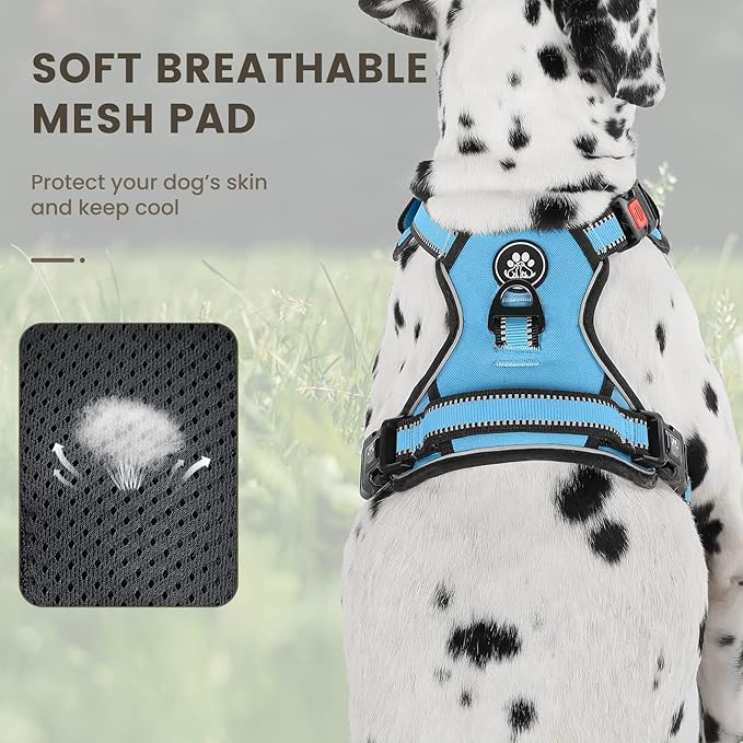 FURRYFECTION Dog Harness | No Pull Dog Harness | Reflective Oxford | Padded Handle | 4 Adjustable Straps | 2 Leash Clips | No Choke Pet Vest Harness for Small Medium Large Dogs | Blue | L