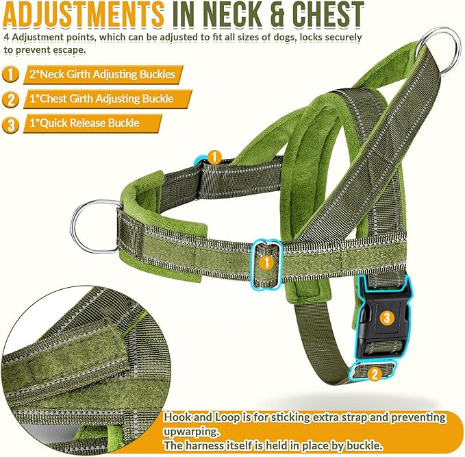 SlowTon No Pull Dog Harness - Heavy Duty Dog Harness and Leash Set for Medium Large Doggies, Reflective Tactical Harness with Soft Padded and Front Clip for Easy Walk and Training (Green S)