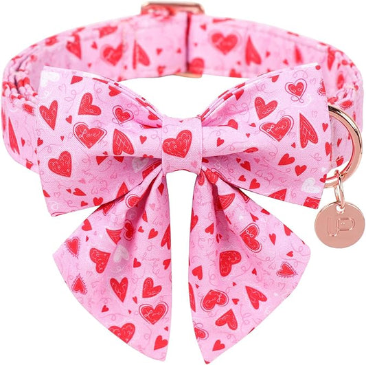 Valentine’s Dog Collar with Bow Tie, Pink Heart Bowtie Collar with Metal Buckle, Valentine’s Gift Pet Collar for Puppy Girl Boy Dog or Cat, Wedding Dog Collar,XL