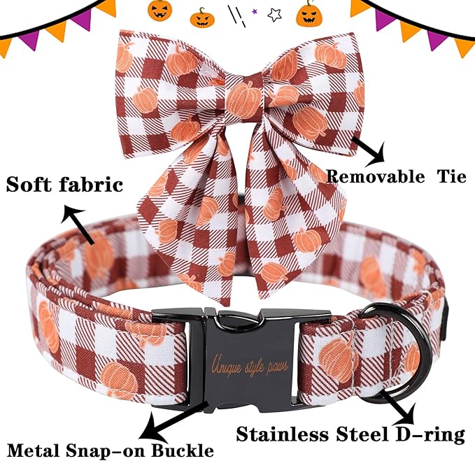 Unique Style Paws Cotton Dog Collar with Bow Halloween Pumpkin Plaid Dog Collar with Bow Tie for Small Medium Large Dogs Pets Gifts