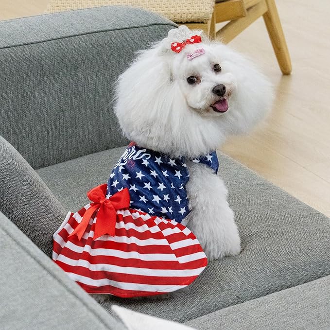 CuteBone Dog Dresses Velvet 4th of July Small Dogs Clothes Onesie Pet Apparel Girl Puppy Skirt with Bow Hair Rope CVA39L-D