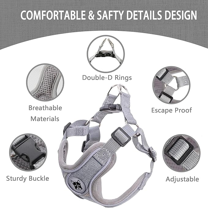 Small Dog Harness and Leash Set,No Pull Adjustable Step in Soft Mesh Vest Harness,Easy Walk Reflective Pet Harness with Padded Handle for Walking Training Small Medium Large Dogs and Cats (Grey, S)