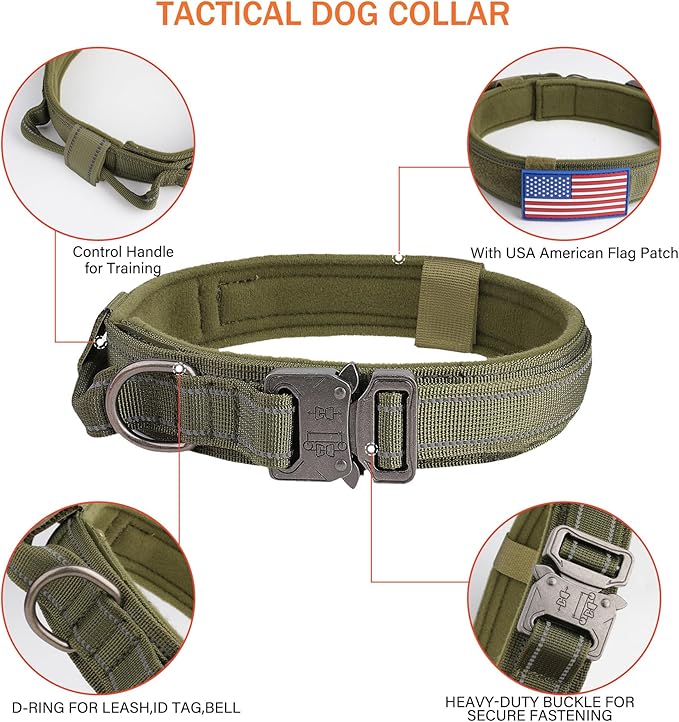 KCUCOP Tactical Dog Collar for Medium & Large Dogs - Military Nylon Heavy Duty Collar with Handle, Reflective Strip & Metal Buckle for Training, Outdoor (Green Reflective, Medium)
