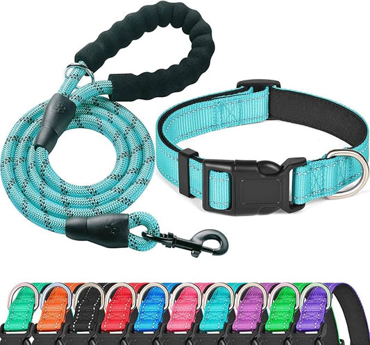 Reflective Dog Collar Padded with Soft Neoprene Breathable Adjustable Nylon Dog Collars for Small Medium Large Dogs (Collar+Leash L Neck 19"-23.5", Blue)