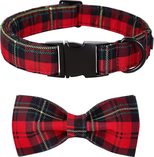 Lionet Paws Christmas Dog Collar with Bowtie, Dog Bowtie Collar with Metal Buckle for Dogs, Adjustable Comfortable Dog Collar Girl Boy Gift, L, Neck 16-24 in