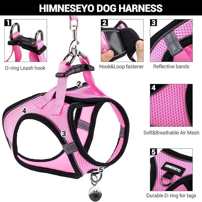 Dog Harness and Leash Set, Dog Harness for Dogs No Pull, No-Chock Step-in Reflective Breathable Lightweight Easy Walk Vest Harnesses with Safety Buckle for Small Medium Dogs, Cats (Pink, XXS)