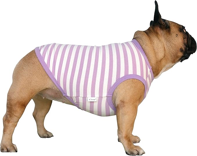 iChoue Pug 100% Breathable Cotton Striped T Shirts Halloween Vest Clothes for Medium Dogs Tank Tops Puppy French Bulldog Frenchie English Boston Terrier Pitbull Purple White Stripes - Small