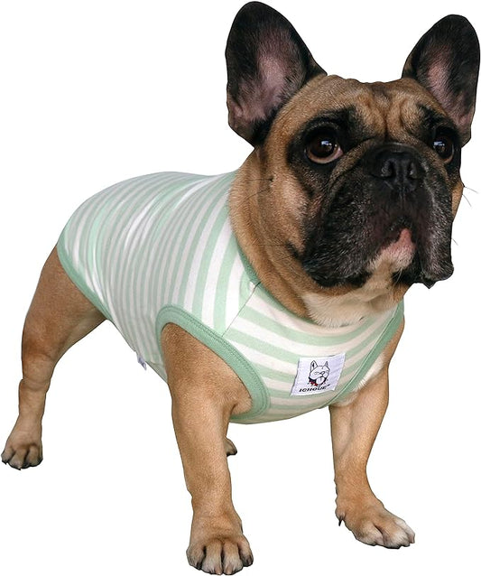 iChoue Pug 100% Breathable Cotton Striped T Shirts Halloween Vest Clothes for Medium Dogs Tank Tops Puppy Small French Bulldog Frenchie English Boston Terrier Pitbull Green White Stripes - Small
