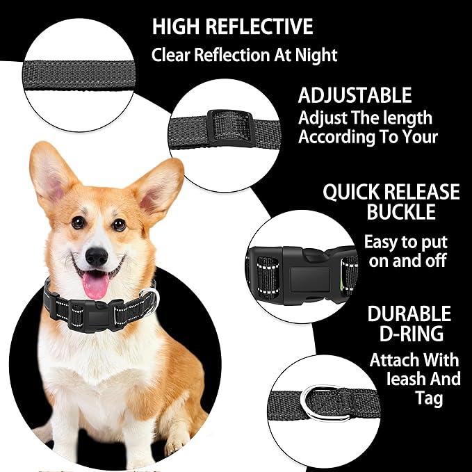 Reflective Dog Collar with Safety Locking Buckle, Adjustable Soft Breathable Nylon Collars for Small, Medium and Large Dogs(Collar+Leash S Width 3/4" Black)