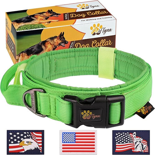 ADITYNA Tactical Dog Collar for Large Dogs - Soft Padded, Heavy Duty, Service, Adjustable Military K9 Green Collar with Handle for Training and Walking