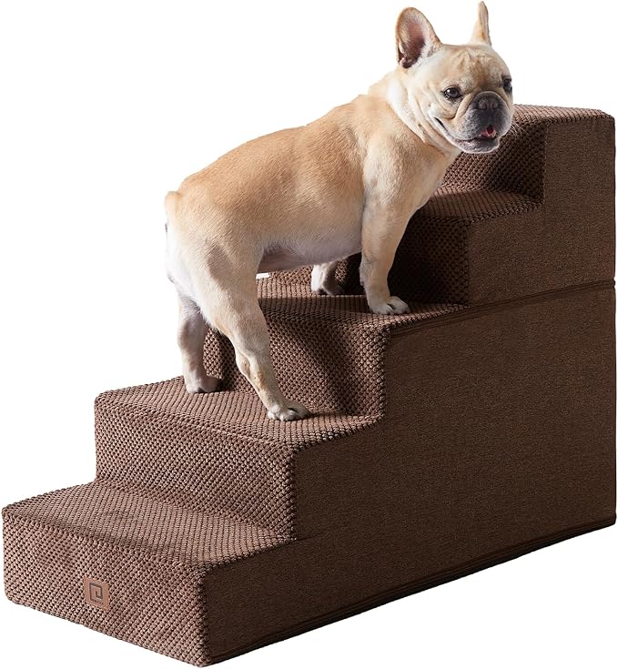 EHEYCIGA Dog Stairs for High Bed 22.5”H, 5-Step Dog Steps for Bed, Pet Steps for Small Dogs and Cats, Non-Slip Balanced Pet Ramp Indoor, Brown