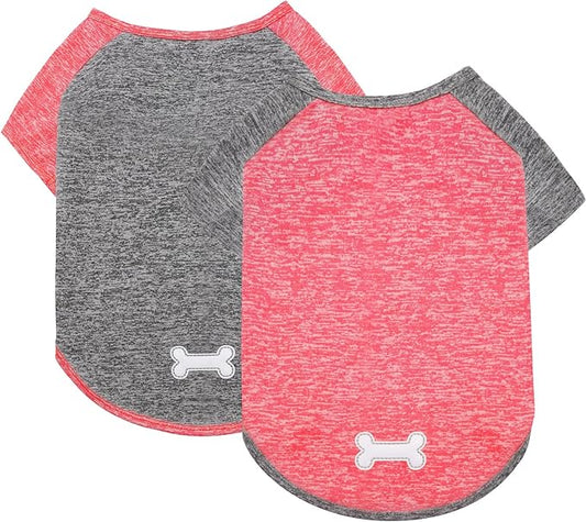KYEESE 2 Pack Dog Shirts Raglan Sleeve Quick Dry Lightweight Stretchy Dog T-Shirts with Reflective Label Puppy Shirts for Small Dogs Sun Protection, Coral Red+Grey, M